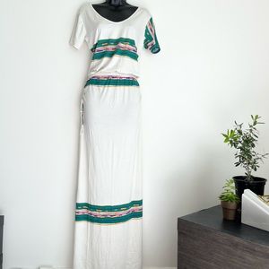 Fraiche by J Boho Ruched Printed Stripe Off White Long Maxi Dress L